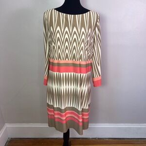 Eliza J Size 16 Geometric Print Shift Dress Tan and Coral Boat Neck 3/4 Sleeve